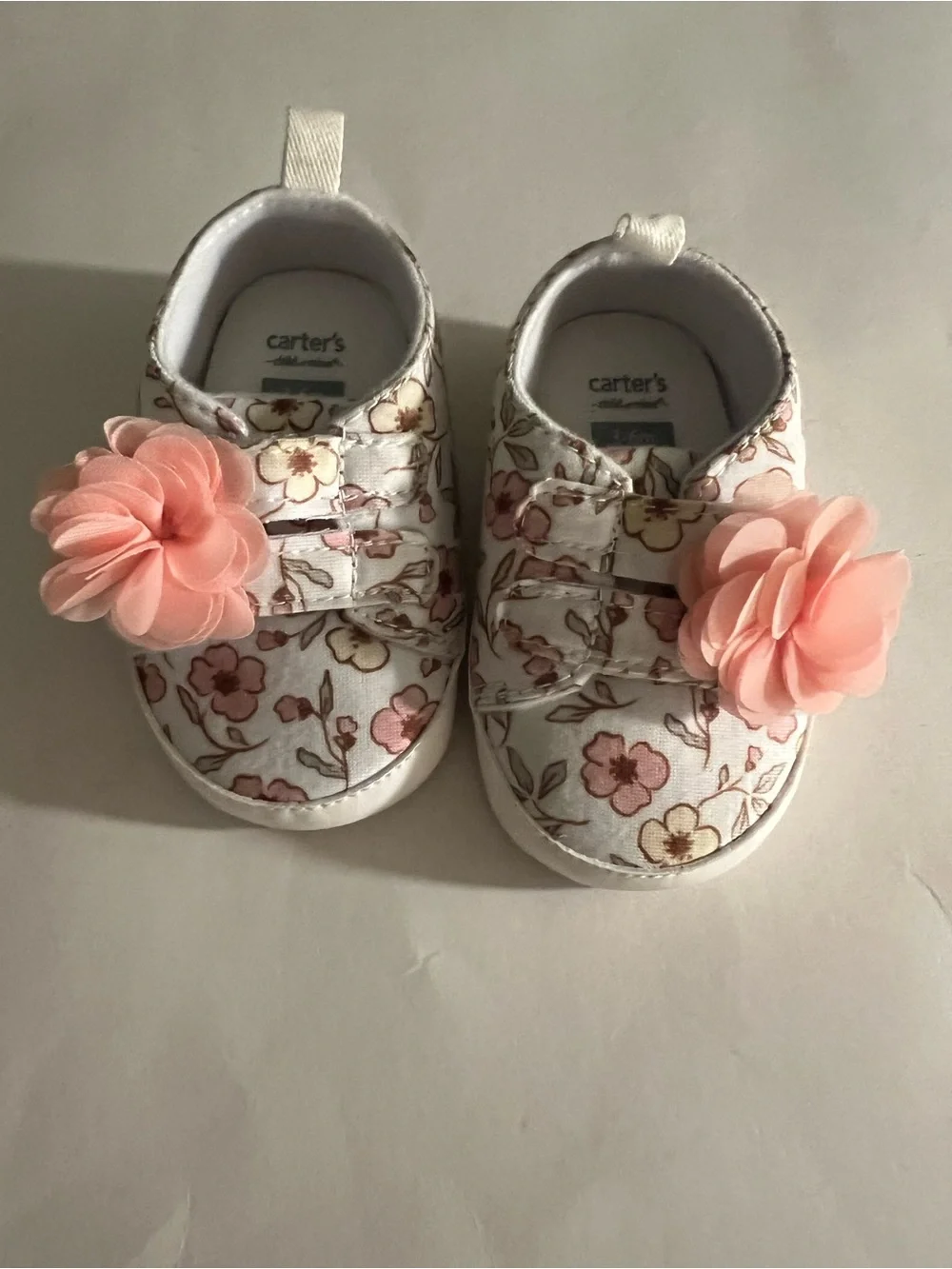 Carter's Floral Baby Shoes with Pink Flower Accent. Size 3-6 mo